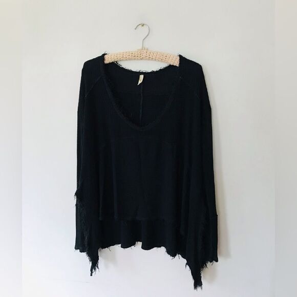 Free people | black waffle long sleeve distressed v-neck top | oversized | Sz S - Picture 1 of 8